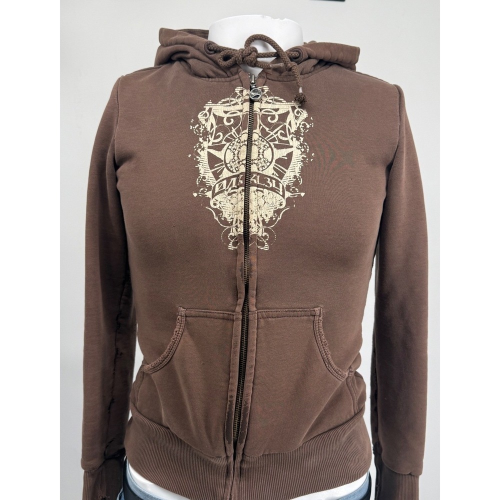 Oakley Womens Vintage Graphic Zip Up Hoodie Brown Distressed Y2K Size Small